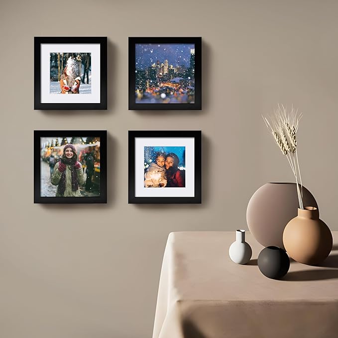 Egofine 6x6 Picture Frames Set of 4, Made of Solid Wood Covered by Plexiglass Display 4x4 with Mat or 6x6 without Mat, for Table Top Display and Wall Mounting Photo Frame, Black