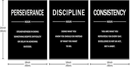Perseverance Discipline Consistency Posters Inspirational Canvas Wall Art 3 Pieces Motivational Office Wall Decor Painting Artwork for Home Living Room Gym Stretched and Framed [48''W x 24''H]