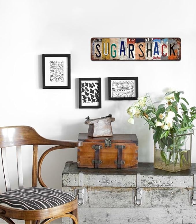 Vintage "Sugar Shack" Metal Tin Sign - Retro Rustic Wall Art for Kitchen, Farmhouse, Café, Cabin Décor - 4x16 Inch