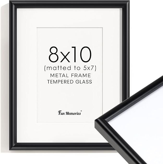 Fun Memories 8x10 Picture Frame Black, Aluminum Picture Frame 8"x10" Tempered Real Glass, Modern 8 x 10 Metal Frame with Mat for 5 x 7, 8 by 10 Frame with Stand for Tabletop Display