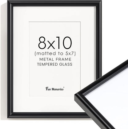 Fun Memories 8x10 Picture Frame Black, Aluminum Picture Frame 8"x10" Tempered Real Glass, Modern 8 x 10 Metal Frame with Mat for 5 x 7, 8 by 10 Frame with Stand for Tabletop Display