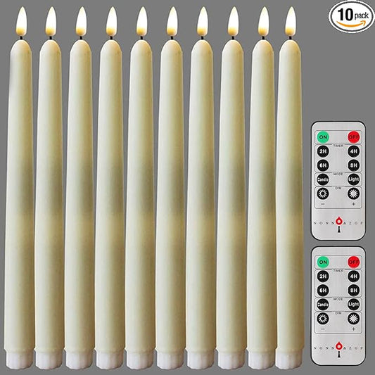 NONNO & ZGF 10 Pack Flameless Taper Candles, Ivory Wax Coverd, 11-Inch, LED Battery Flickering Bright Candle with 2 Remote Controls, Timer, for Wedding, Family Dinner, Party, Festive or Home Decor