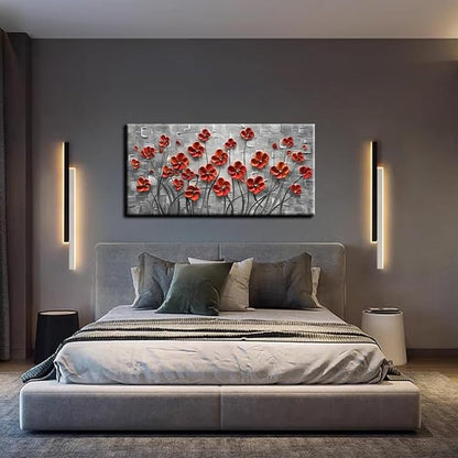 YaSheng Art - 48x24inch Canvas Wall Art, Hand Painted Oil Painting Wall Art ,Abstract 3D Texture Wall Art Pictures, Red Floral Paintings, Modern Home Bedroom Wall Art Decor, Wall Art for living room, Large Framed oil painting.
