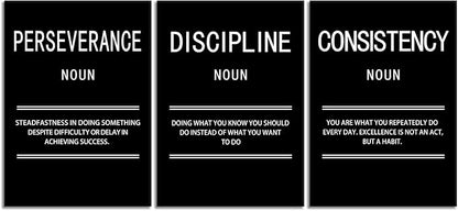 3 Panel Inspirational Canvas Perseverance Discipline Consistency Print Wall Art Motivational Poster Painting Modern Inspiring Artwork for Home Living Room Office Decor Ready to Hang [60''Wx 28''H]