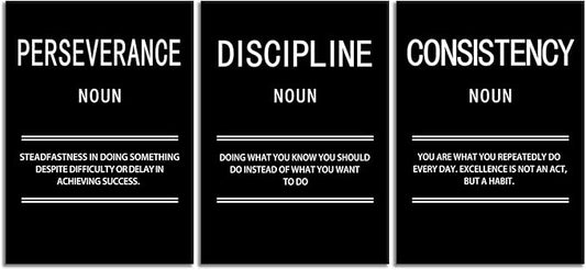 3 Panel Inspirational Canvas Perseverance Discipline Consistency Print Wall Art Motivational Poster Painting Modern Inspiring Artwork for Home Living Room Office Decor Ready to Hang [60''Wx 28''H]