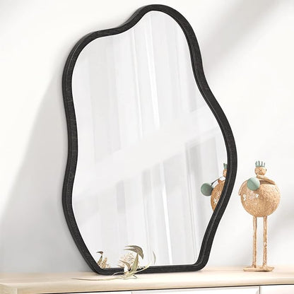 Modern Asymmetrical Mirror Unique Irregular Wooden Framed Mirror for Wall Hanging Mirrors Artistic Cloud Shape Wall Mirror Decor Bathroom Bedroom Living Room Entryway Hallway Small