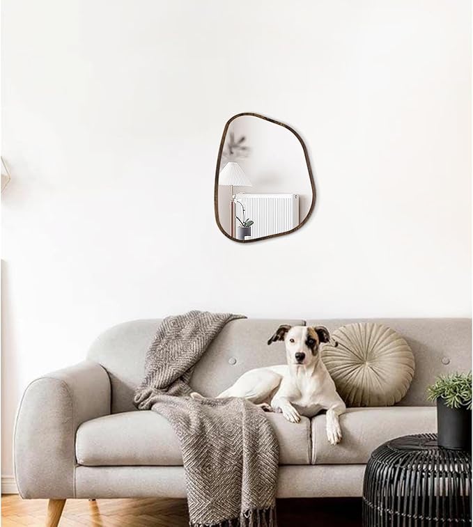 Asymmetrical Mirror Irregular Oval Wall Mirror Modern Wood Frame Unique Shape Wall Mounted Vanity Artistic Mirror Decorative for Living Room Bedroom Bathroom Entryway Hallway 14"x10"