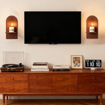 Mid Century Modern Candle Sconces: Set of 2 Walnut Boho Wall Candle Holder Decor for Living Room Fireplace - Arch Candle Shelf for Plants Pillars Candles