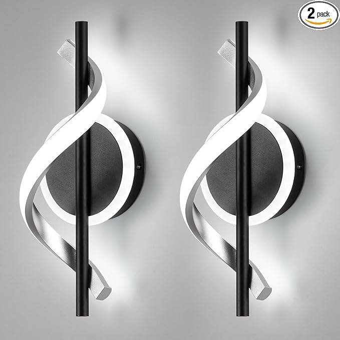 EIDISUNY Wall Sconces Sets of 2, 12W LED Wall Mount Lights, Modern Spiral Wall Lamp, 6000K Cold Modern Light Fixture for Stairs, Living Room, Bedroom, Aisle, Hallway