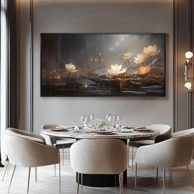 Flower Wall Decor Living Room Decor Modern Artwork 24"x 48" Gold and White Wall Art Floral Large Black Framed Plants Paintings Room Decor
