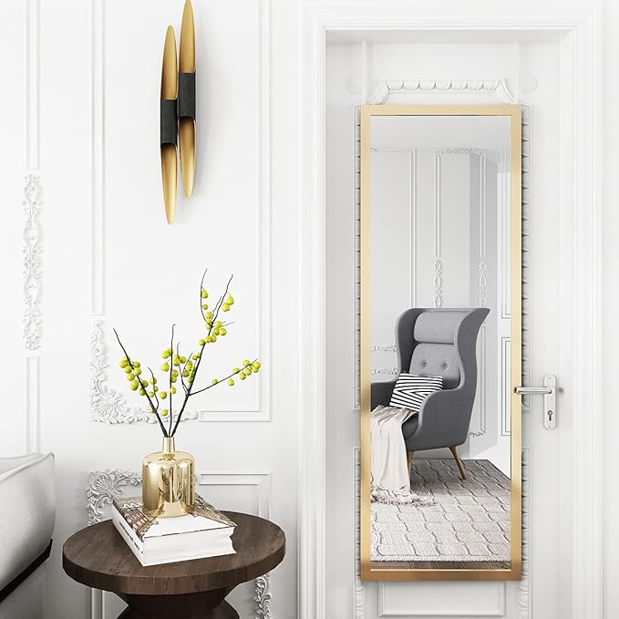 whitebeach 48" x 16" Over The Door Full Length Mirror Hanging Door Mirror Wall Mirror Hanging Dress Bedroom Gold