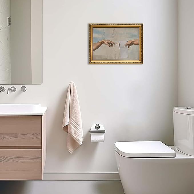 YD&YZY Gold Framed Vintage Funny Humor Bathroom Wall Art God Gives Toilet Paper Wall Decor Unique Art Painting Picture Print Whimsical Bathroom Restroom 12x16 inch Framed