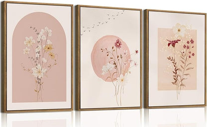 KISSFOX 3 Piece Framed Wall Art Botanical Wall Decor Pink Flower Pictures Wildflowers Canvas Art Watercolor Floral Paintings Minimalist Boho Artwork for Living Room Bedroom Bathroom