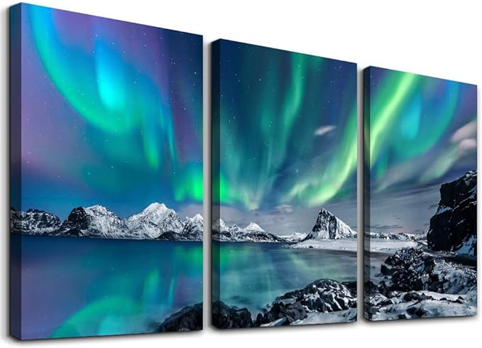 MHARTK66 Landscape Wall Art for Living Room Wall Decor for Bedroom Office Decor Abstract Mountain Aurora Painting 3 Piece Scenic Framed Canvas Art Prints Ready to Hang Wall Pictures Home Decor