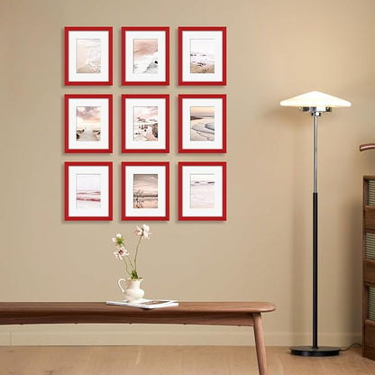 YESKAY 8x10 Picture Frame Set of 9, Display Pictures 5x7 with Mat or 8 x 10 Without Mat, Multi Photo Frames for Wall Mounting or Table Top Display, Red