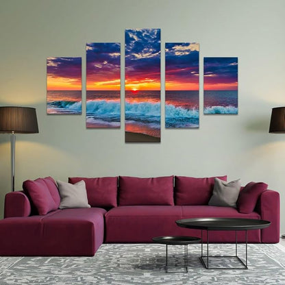 Ocean Wall Art 5 Panel Beach Poster Sunset Landscape Pictures HD Print on Canvas Framed Cityscape Artwork for Living Room Kitchen Bathroom Wall Decorations Stretched Ready to Hang - 60" W x 40" H