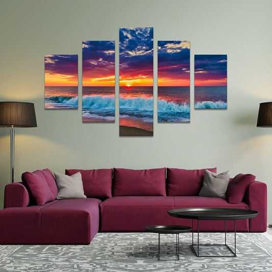 Ocean Wall Art 5 Panel Beach Poster Sunset Landscape Pictures HD Print on Canvas Framed Cityscape Artwork for Living Room Kitchen Bathroom Wall Decorations Stretched Ready to Hang - 60" W x 40" H
