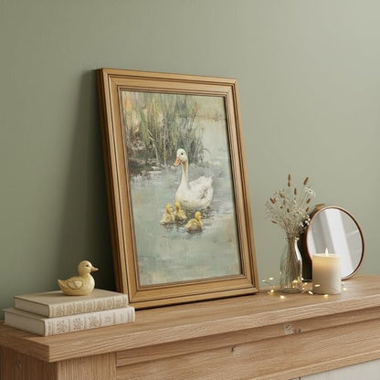Vintage Gold Framed Canvas Wall Art, Ducks Poster Artwork, Country Animal Print Picture, Farmhouse Nature Pond Painting Wall Decor, for Living Room, Bedroom, Home Decoration, 12x16in