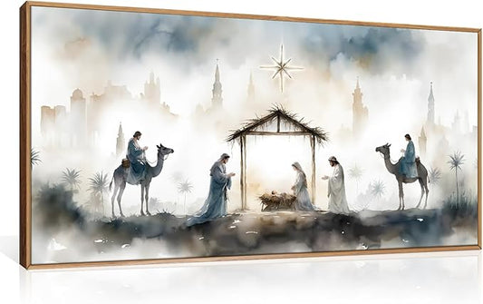 Large Catholic Jesus Nativity Scene Framed Canvas Wall Art Set,Watercolor Holy Birth of Jesus Wall Decor,Trendy Christian Religious Artwork for Living Room,Bedroom,Church-20 x40