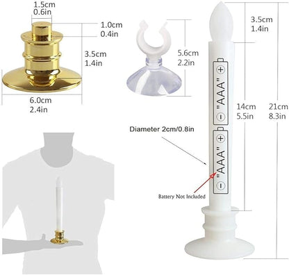 2 Pack Flameless Taper Candles with Remote/Timer & Suction Cup, Battery Operated Flickering LED Window Candles, Vintage Christmas Electric Fake Candlesticks, Golden Holder