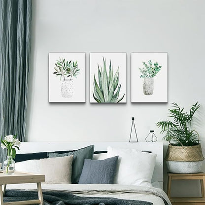 Lapremoly 3 Piece Green Plants Ink Wall Paintings Canvas Wall Art For Bedroom Wall Decor For Living Room Kitchen Dining Room Decoration Leaf Abstract Pictures Office Decor Room Home Walls Artwork