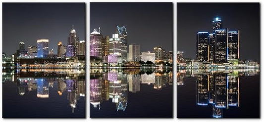 Pacimo 3 Pieces Panoramic Detroit Cityscape Picture Black and White Michigan Night Skyline Canvas Art Prints Wall Decoration for Bedroom Office Stretched and Framed Ready to Hang - 20"x28"x3 Panels