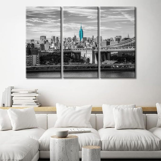 TUMOVO American Brooklyn Bridge Cityscape Wall Decor Posters and Prints 3 Panels New York Skyscrapers Pictures Wall Decor for Bedroom City Skyline Art Prints Framed Ready to Hang (42" Wx28 H)