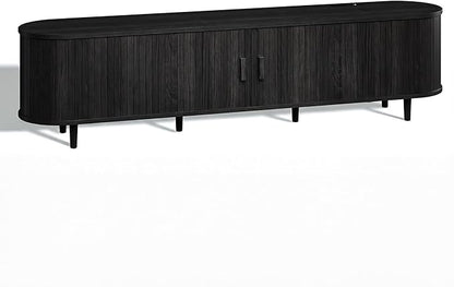 70" Mid Century Modern TV Stand, Wood TV Consoles with Sliding Doors and Power Outlet, Fluted Entertainment Center with Adjustable Shelves, Media Console for Living Room, Black