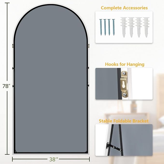 Dewfig Arched Full Length Mirror, 78"x38" Large Floor Mirror with Stand, Oversized Full Body Mirrors for Leaning or Hanging, Wall Mounted Mirrors for Bedroom, Living Room,Dressing Room, White