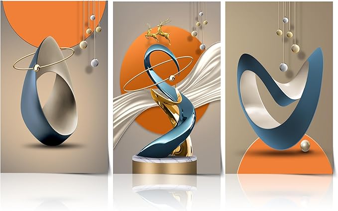 3 Pcs Modern Abstract Canvas Wall art Golden Deer Luxury Foil Lines Paintings Pictures Wall Decor White Blue orange color Grey posters Prints for Living Room Bedroom Office Home Decoration Unframed