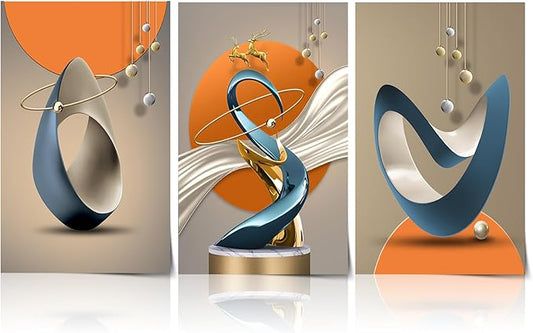 3 Pcs Modern Abstract Canvas Wall art Golden Deer Luxury Foil Lines Paintings Pictures Wall Decor White Blue orange color Grey posters Prints for Living Room Bedroom Office Home Decoration Unframed