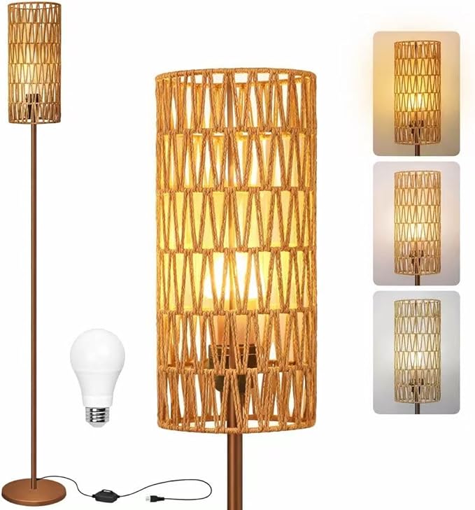 Ruiever Floor Lamp for Living Room,Farmhouse Floor lamp,Modern Standing lamp with Hand-Worked Rattan Shade (Brown Body with 3 Color Bulb)