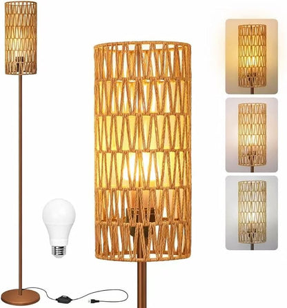 Ruiever Floor Lamp for Living Room,Farmhouse Floor lamp,Modern Standing lamp with Hand-Worked Rattan Shade (Brown Body with 3 Color Bulb)