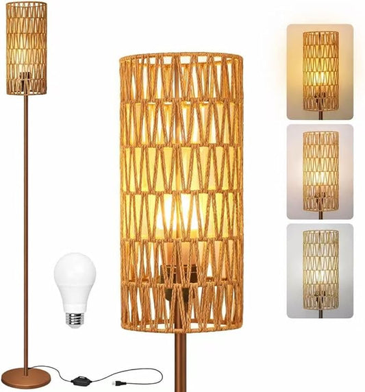 Ruiever Floor Lamp for Living Room,Farmhouse Floor lamp,Modern Standing lamp with Hand-Worked Rattan Shade (Brown Body with 3 Color Bulb)