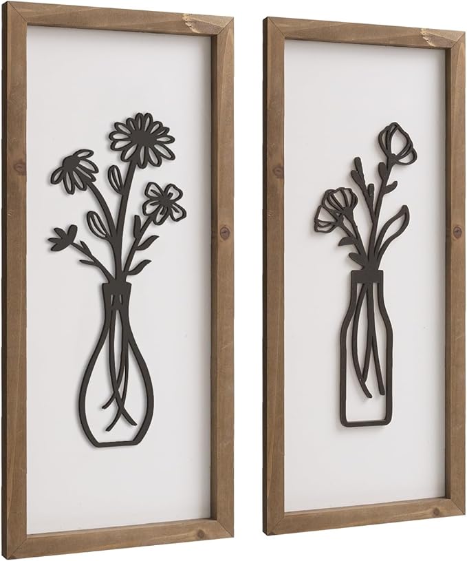 pechpell 3D Wooden Flower Wall Art With Wood Framed, 15.7×7.1 Inch Set of 2 Boho Black White Wall Vase For Floral Decor, Bathroom Bedroom Kitchen Rustic Farmhouse Home Artwork