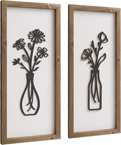 pechpell 3D Wooden Flower Wall Art With Wood Framed, 15.7×7.1 Inch Set of 2 Boho Black White Wall Vase For Floral Decor, Bathroom Bedroom Kitchen Rustic Farmhouse Home Artwork