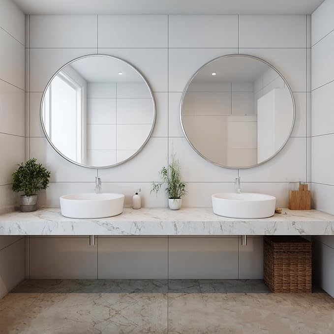 Sunniry 2 Pack 20 inch Silver Round Mirror, Silver Circle Mirror, Round Bathroom Mirrors Metal Frame for Bathroom, Bedroom, Living Room, Hallway.