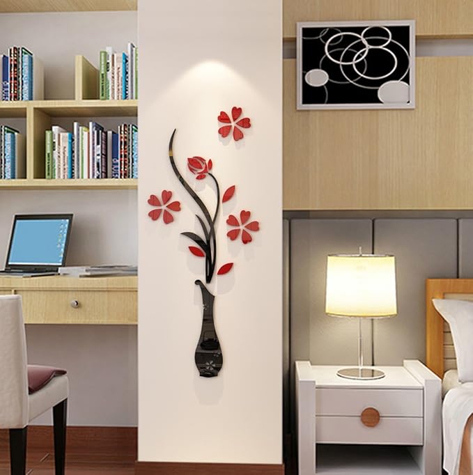 3D Vase Wall Murals for Living Room Bedroom Sofa Backdrop TV Background, Originality Stickers Gift, DIY Wall Decal Decor (Red, 47 X 18 Inches)