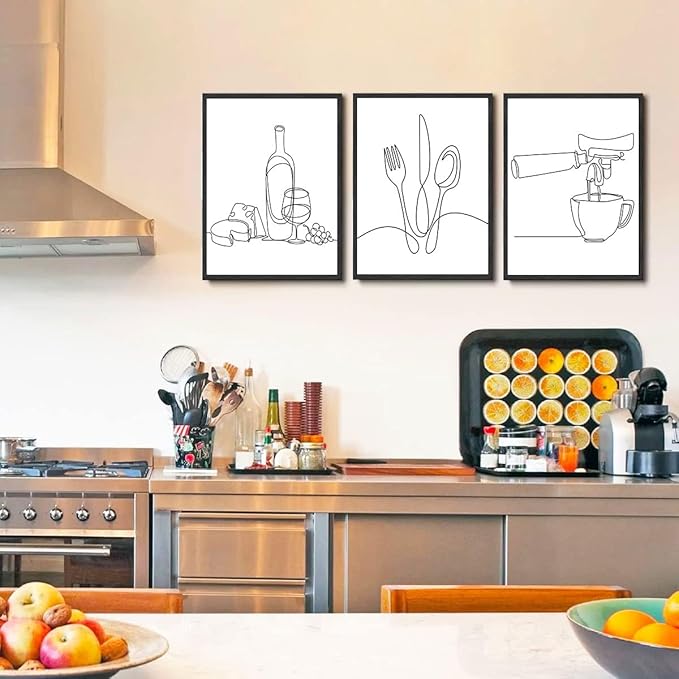 3Pcs Line Drawing Kitchen Wall Art, Modern Black White Minimalist Kitchen Abstract Line Art Posters Prints Dining Room Wall Decor Canvas Paintings Pictures Home Decoration, Unframed (line art, 12x16in