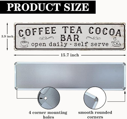 Coffee Signs for Wall, Coffee Tea Cocoa Bar Sign, Retro Metal Tin Sign, Vintage Coffees Bar Decor, Home Decor for Kitchen, Coffees Corner Decoration, Decorative Metal Wall Signs 15.8x4 Inches