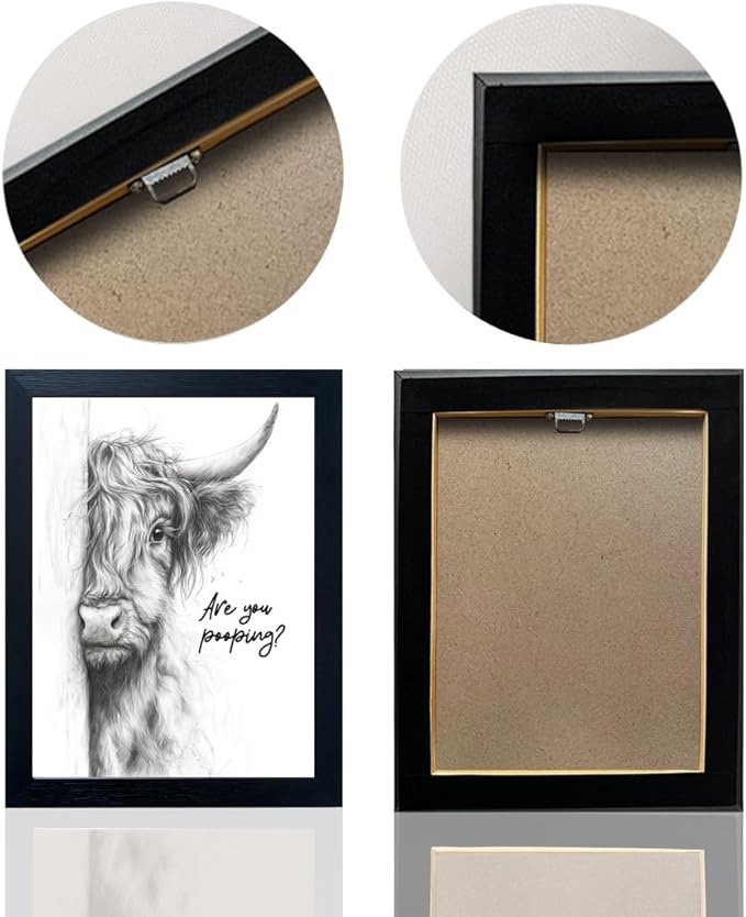 Gongyuanyihao Arts Funny Highland Cow Bathroom Wall Art with Black Frame, Are You Pooping Sign for Farmhouse Restroom Decor, Rustic Humorous Canvas Print Painting Ready to Hang 8"x10"