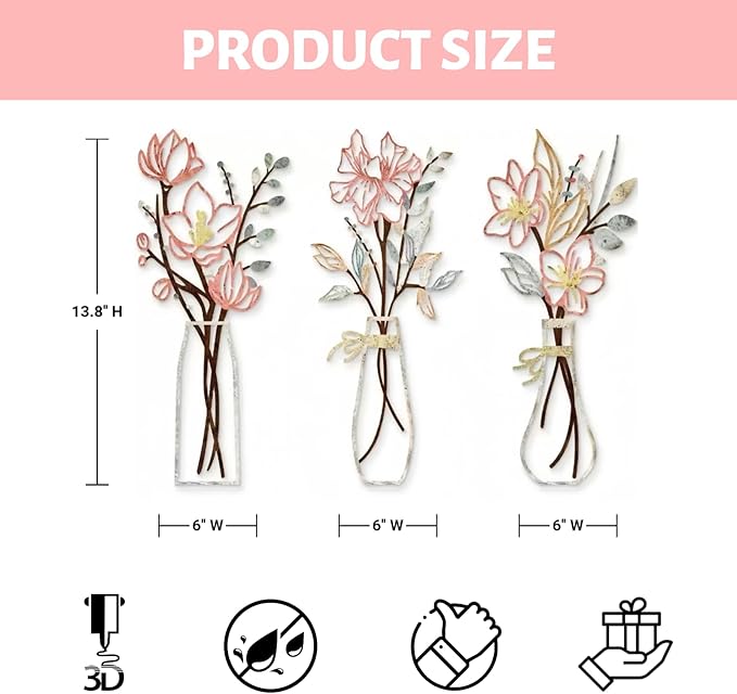 RISCORIO 3 Pieces Flower Wall Decor Minimalist Wall Art, Metal Flowers Wall Arts for Dining Room, Living Room, Bedroom, Bathroom, Kitchen, Rustic Farmhouse Decor, Pink