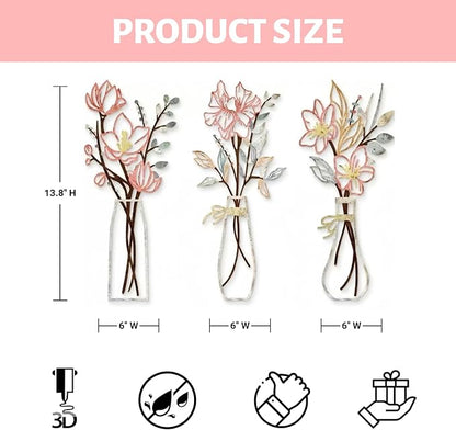 RISCORIO 3 Pieces Flower Wall Decor Minimalist Wall Art, Metal Flowers Wall Arts for Dining Room, Living Room, Bedroom, Bathroom, Kitchen, Rustic Farmhouse Decor, Pink