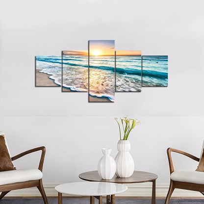 Beach Wave Ocean Painting on Canvas 5 Piece Wall Art Modern Landscape Scenery Posters and Prints Pictures for Living Room Bedroom Gallery-wrapped Canvas Art Set Framed (50''W x 24''H)