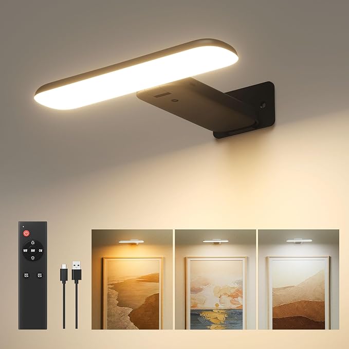 FULEN Rechargeable Picture Lights for Wall, Wall Lights Battery Powered with Remote, Art Lights for Paintings, Picture Frame Lights for Wall,Dart Board Light with 3 Color Temperatures,Black