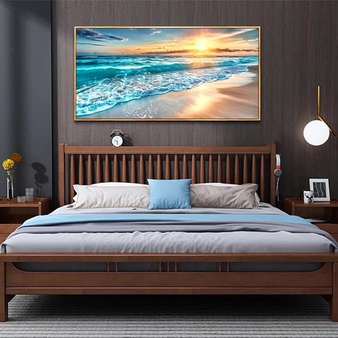 hyidecorart Large Wall Art For Living Room Wall Decorations For Bedroom Office Wall Decor Wood Framed Canvas prints Painting Blue Sea Wave Pictures Modern Beach Seascape Posters Home Decor Artwork