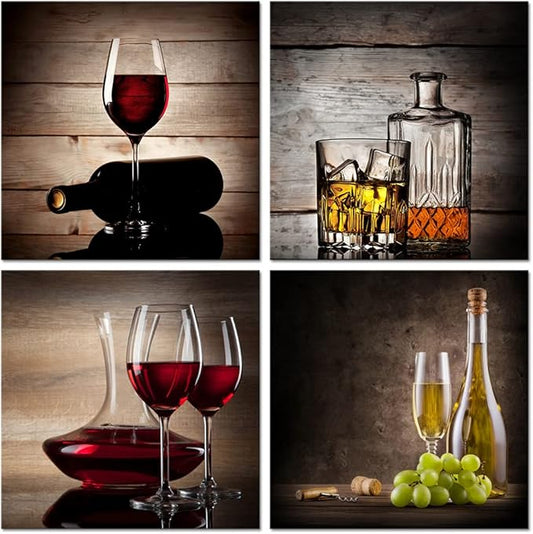 Wieco Art Red Wine Cups Large Modern 4 Panels Gallery Wrapped Abstract Giclee Canvas Prints Artwork Contemporary Vintage Pictures Paintings on Canvas Wall Art for Living Room Home Decor