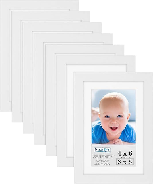 Icona Bay 4x6 Picture Frames w/Removable Mat for 3x5 Photos (White, 10 Pack), Sleek Modern Style Frames, Table Top or Wall Mount, Serenity Collection