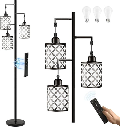 Dimmable Floor Lamp, Farmhouse Standing Lamp with Elegant Metal Cage, Industrial Tall Tree Floor Lamps for Living Room, Bedroom, Study Room, Office, 3 x 1100LM LED Bulbs Included, 72",Black