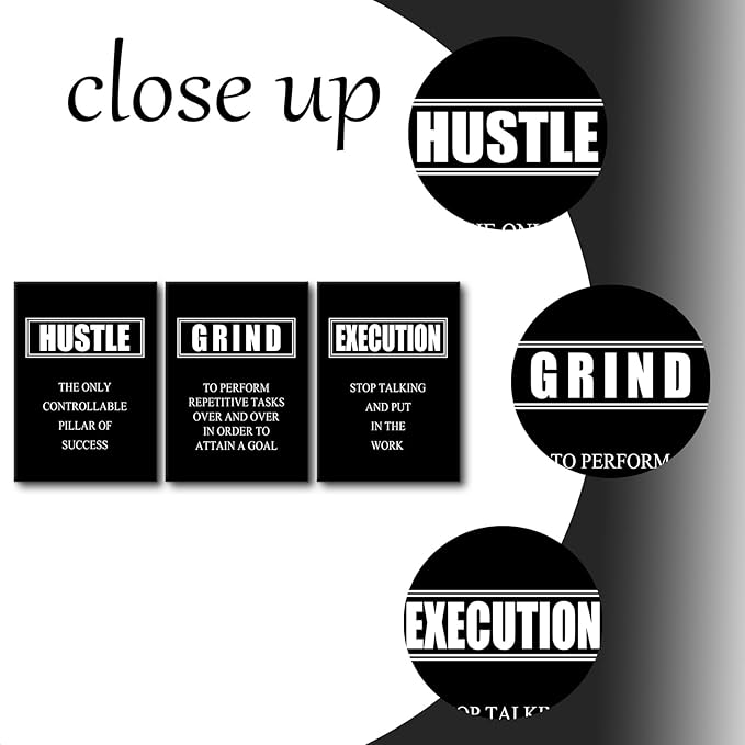 Motivational Poster Grind Hustle Execution Inspirational Wall Art Painting 3 Pieces Canvas Print Office Decor Inspiring Quotes Framed Artwork Home Living Room Decoration Ready to Hang [60''W x 28''H]